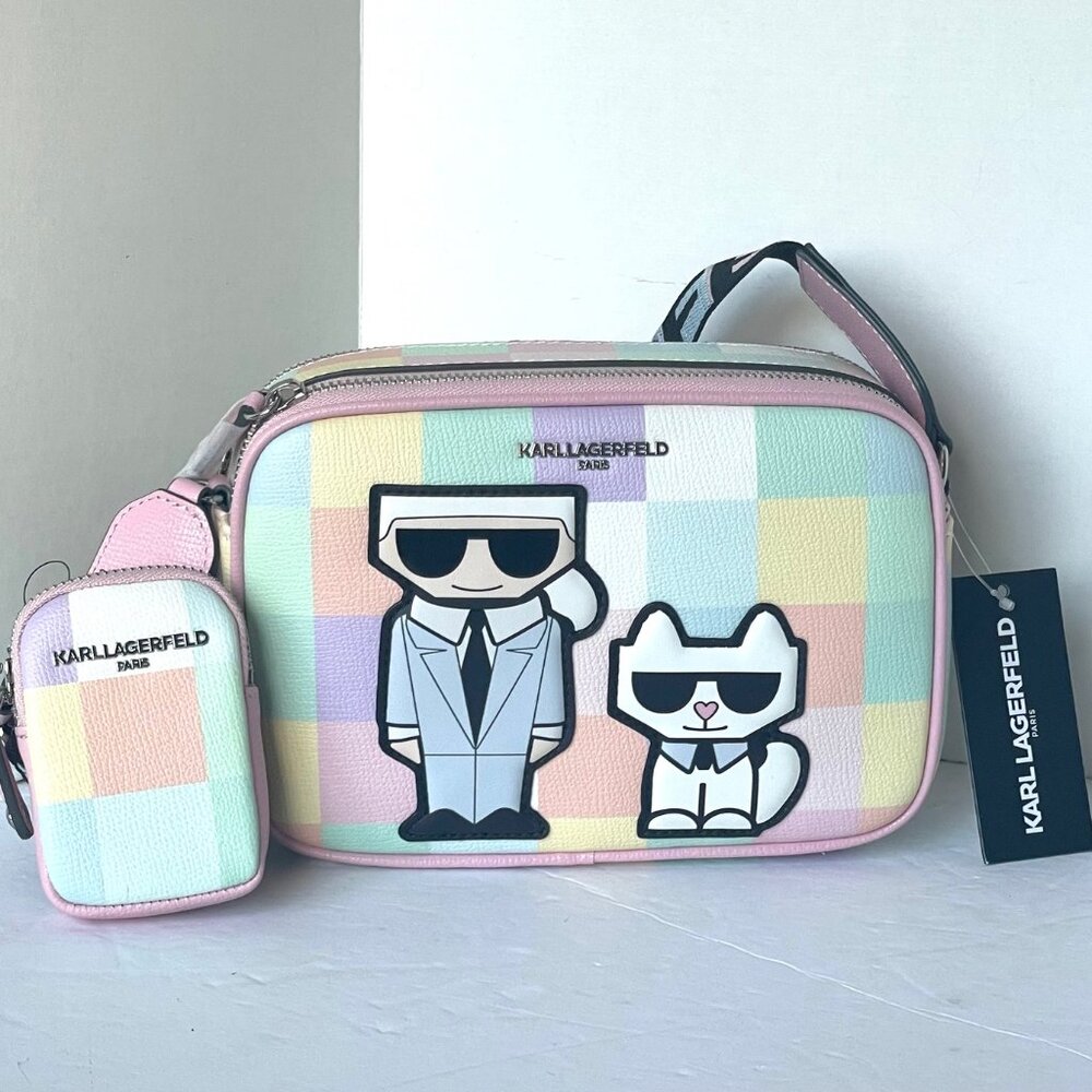 Karl Lagerfeld Maybelle Camera Bag Blush Check Pink Vegan Leather Crossbody